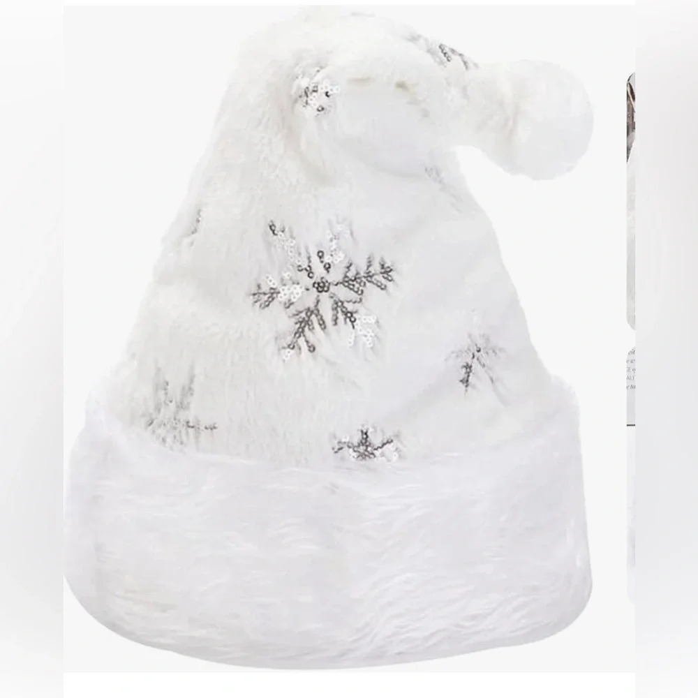 4 Pack Santa Claus Hat Snowflakes Plush Soft Faux Fur Silver Sequin Brand New - Picture 2 of 11